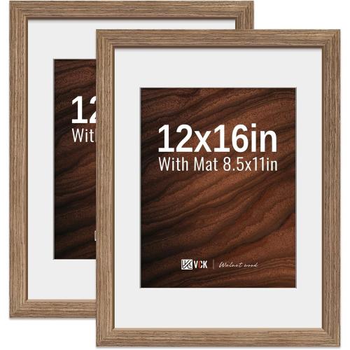 VCK 12x16 Picture Frame 2 Pack - Walnut, High-End Wood Poster Frames with Tempered Glass, Display 8.5x11 Photo with Mat or 12x16 without Mat, Art Gallery-Quality, Wall Hanging, Walnut