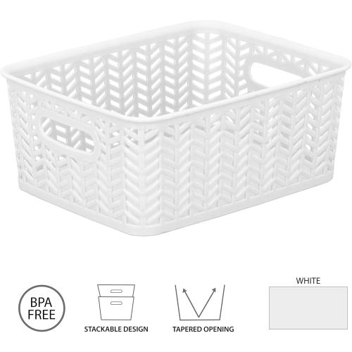 Simplify Small Herringbone Bin Storage Tote Basket Organizer Decorative, Good for Closets, Countertops, Desks, Dressers, Accessories, Cleaning Products, Sports Equipment, Toys, White