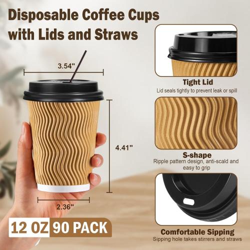 90 pack SIUQ 12 oz Coffee Cups-90 Pack Disposable Coffee Cups with Lids and Straws, Insulated Ripple Wall To Go Paper Coffee Cup for Coffee, Hot Chocolate and Hot Tea Drinks - Champagne