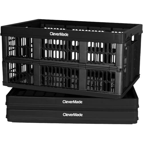 Size 11 Gallon 3 Pack Color Black CleverMade Collapsible Utility Crates-Obsidian 3pck 45L / 11 Gal holds 66 lbs - Stackable Containers Heavy Duty Capacity Crates Space-Saving Baskets