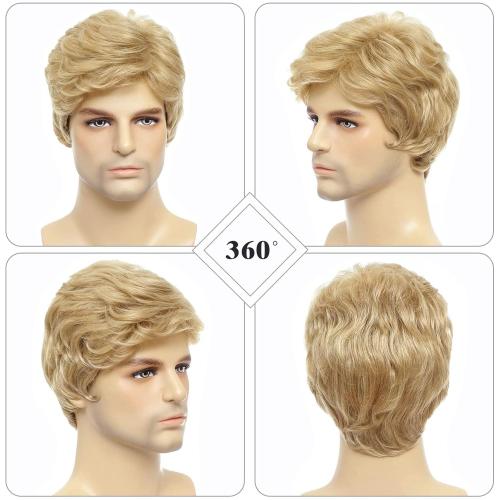 Mens Blonde Wig Short Natural Fluffy Layered Synthetic Wavy Hair Wigs for Men Male Daily Halloween