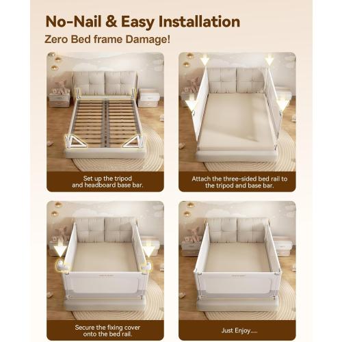3 Piece Bed Rails for Queen Bed, No-Drill Needed Baby Bed Rail Guard | Thickened Bed Bails for Toddlers, Child Safety Side Railing Guards, Height Adjustable Bedrail for Kids, 60x78.7x78.7in