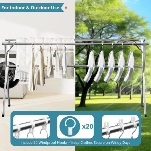 JAUREE 79 Inches Clothes Drying Rack, Drying Rack Clothing Folding Indoor Outdoor, Heavy Duty Stainless Steel Laundry Rack, Foldable Portable Large Clothes Rack Garment Rack with 20 Windproof Hooks
