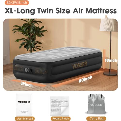 Twin Air Mattress with Built in Pump,18''Inflatable Mattress 2 Mins Self-Inflation/Deflation,XL-Long Blow up Mattress Thicker,Flocked Top Air Bed with Storage Bag for Home, Camping & Guests