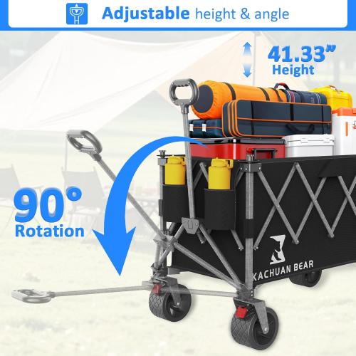 57 L Large Collapsible Foldable Wagon with Tailgate & Brake, 500LBS Heavy Duty Beach Wagons with All-Terrain Big Wheels, 300L Folding Utility Cart for Sand Garden Shopping Groceries Sports (Black)