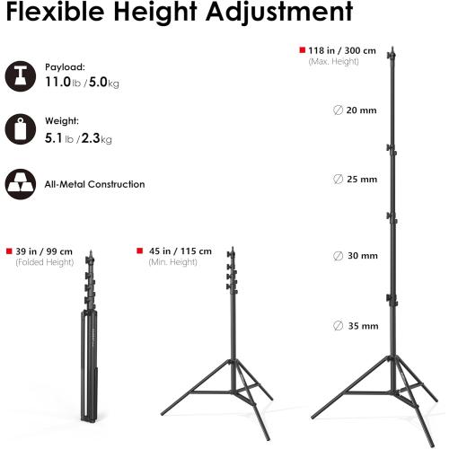 RAUBAY 10ft Light Stand with Air Cushion, Adjustable Heavy Duty Aluminum Photography Light Support with 1/4 & 3/8 Mount, Studio Lighting Tripod for Softbox, Video & Photography, Black (LT30-RB)