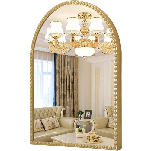 Gold Arched Mirrors for Wall, Beaded Framed Metal Accent Wall Mirror Decorative Bathroom Living Room Bedroom Entryway 30x20