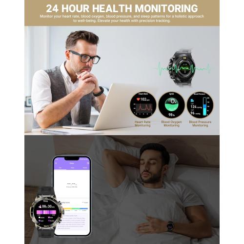 Smart Watch for Men Answer/Make Call for Android iPhone, 1.43 AMOLED HD Screen Mens Luxury Watch, 400mAh Heavy Duty Smartwatch Heart Rate Blood Oxygen Blood Pressure Sleep Monitor Pedometer, 2 Straps