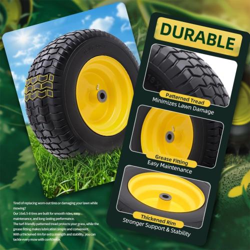 16x6.50-8 tire and wheel Flat Free Assemblies (2 Pack), Lawn Mower Tires with Rim, Solid Rubber Riding Lawn Mower Tires and Wheels,3 Offset Hub,3/4 Bushings,16x6.5-8 Tractor Turf Tire