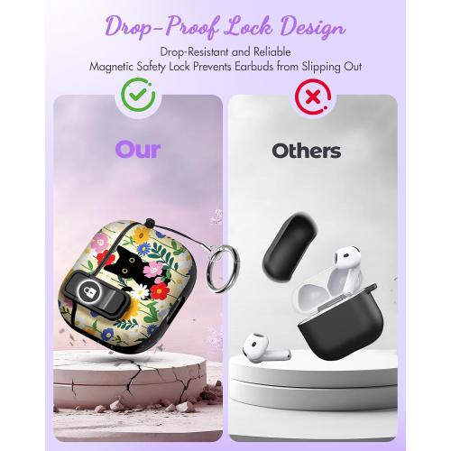 Joyleop for Airpods 4 Case - with Safety Lock Cute Women Girl Girly Asethetic Pretty Design Hard Shock Protective Cover with Keychain for Airpods 4th Gerneration 2024,Black Cat