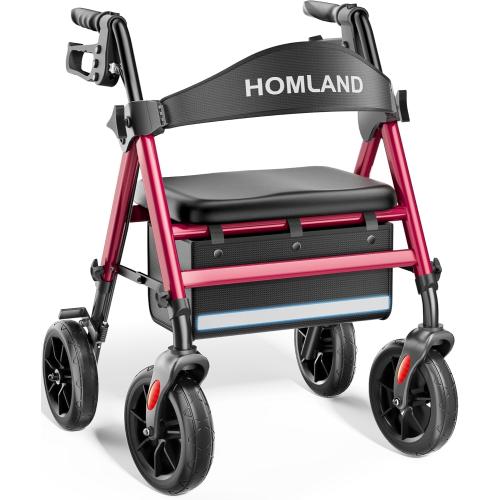 HOMLAND Rollator Walker for Seniors with Seat, Foldable Lightweight Aluminum Rolling Walker with 8 All-Terrain Wheels, Adjustable Height, Storage Bag & Hand Brakes, Ergonomic Indoor Outdoor Aid