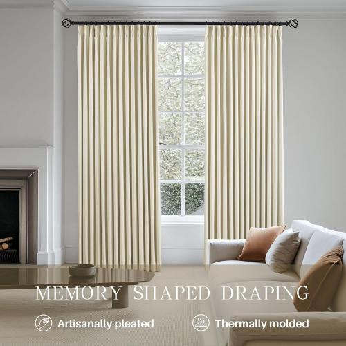 Pinch Pleated Curtains 100% Blackout Linen Curtains 95 Inches Long for Bedroom Living Room, Creamy Beige Memory Trained Thermal Insulated Room Darkening Window Drapes with Hooks 2 Panels 40Wx95L