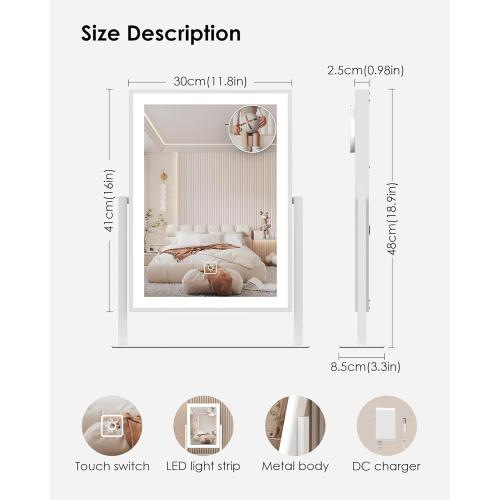 Hollywood Vanity/Makeup Mirror with Lights,18.9x11.8Lighted Makeup Mirror,Three Color Lighting Modes,Detachable 10X Magnification Mirror,360 Rotation,Touch Control,for Dressing Room,Bedroom ( little damage on the little mirror see the pictures )
