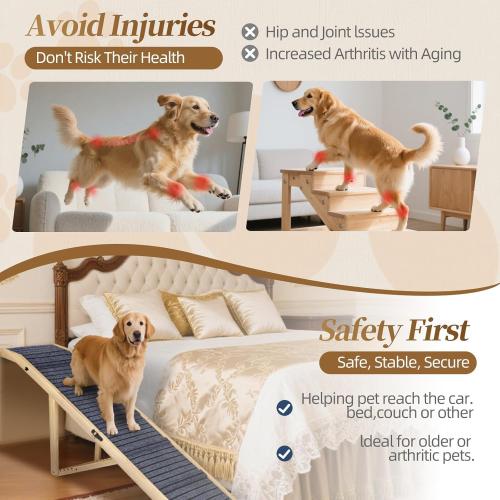 Extra Large Dog Ramp 63‘’L for High Bed, Couch & SUV – 200 Lb Heavy Duty Solid Wood Pet Ramp, 6 Adjustable Height – Portable Stable Non-Slip Steps for Medium to XL Dogs