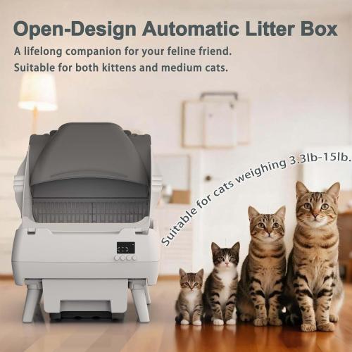 Automatic Cat Litter Box Self Cleaning - App Control, Open-Design, Smart Health Monitor, Suitable for Medium Cats and Kittens, Anti-Pinch Safety, Quiet Operation - Light White