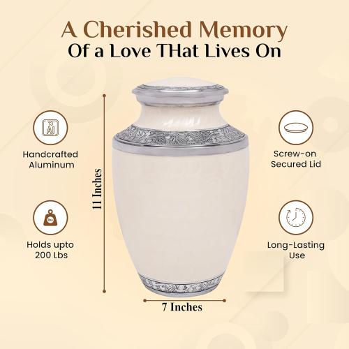 Lightweight Metal Cremation Urn for Human Ashes - Decorative Metal Memorial Urn for Adults, Secure Screw Lid, Durable Burial Urn for Home, Funeral, Men & Women 10 (White & Silver) - CLEENTABLE