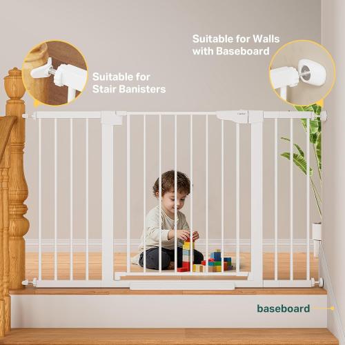 Cumbor 2 Pack 29.7-51.5 Extra Wide Baby Gate for Stairs, Easy Walk Through Dog Gates for Doorways, Pressure Mounted Pet Gate Indoor, Safety Auto-Close Child Gate for Kids with 4 Wall Cups, White