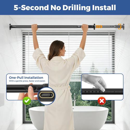 Tension Curtain Rods 51-86 Inch(5-7.17Ft),Shower Curtain Rods No Drilling,Heavy Duty tension rod for Bathroom Windows Room Divider Outdoor Patio,Easy Install,Never Rust,Diameter 1.26 In-Black