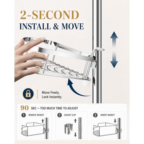 Rustproof Shower Corner Caddy Organizer for Bathroom, 4 Adjustable Shelves with Tension Pole, for Bathtub Shampoo Accessories Storage Holder, 34 to 116 Inch Height, Silver