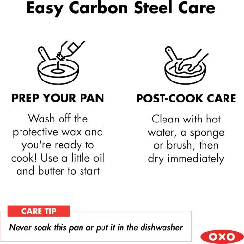 OXO Obsidian 10 Carbon Steel Frying Pan, Pre-Seasoned Skillet, Builds Natural Nonstick with Use, Induction Ready, Oven Safe, Removable Silicone Handle