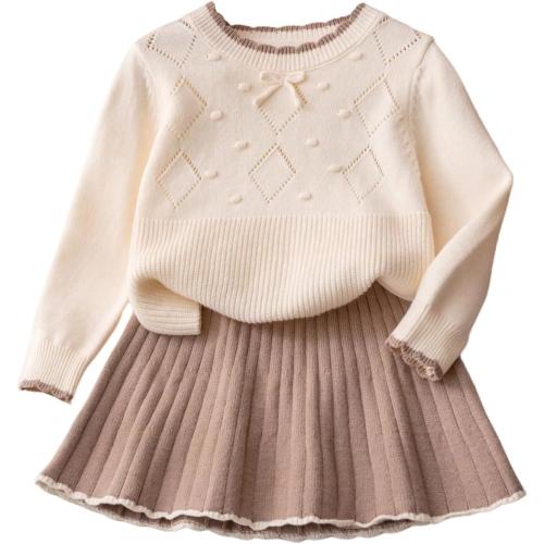 Size 5Y SHENHE Girl's 2 Piece Fall Outfits Crewneck Bow Sweater and Pleated Knit Flare Mini Skirt Set