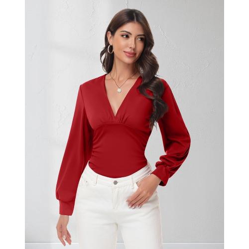 Size M Women V Neck Long Sleeve Blouse Dressy Ruched Shirts Bell Sleeve Wrap Top 2025 Trendy Casual Elegant Work Outfit