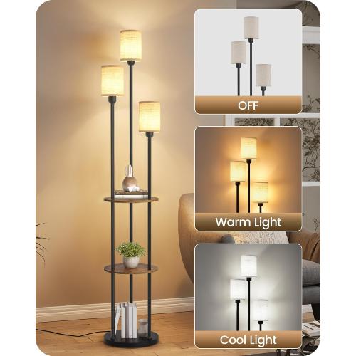 70.9 Floor Lamp with Shelves, Modern Floor Lamp with 3 Linen Shades and Foot Switch, 3-Light Standing Lamp, for Living Room, Bedroom, Study, Office, Rustic Brown and Beige EF53LD05‼️missing pieces‼️