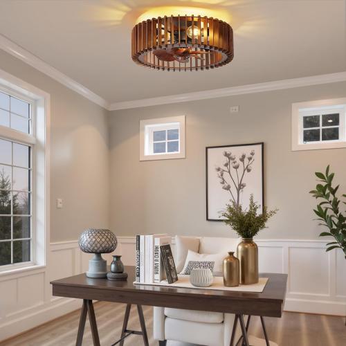 20'' Flush Mount Caged Ceiling Fan with Light, Wooden Low Profile Ceiling Fan with Light and Remote, 6 Speed and Reversible, Farmhouse Bladeless Fan Lights for Bedroom, Kitchen