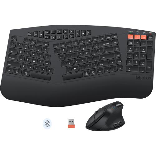 MEETION 2024 Upgrade Ergonomic Keyboard and Mouse, Multi-Device Bluetooth, 3 DPI Adjustable Full-Sized Cordless, for PC/Computer/Laptop/Window, Black