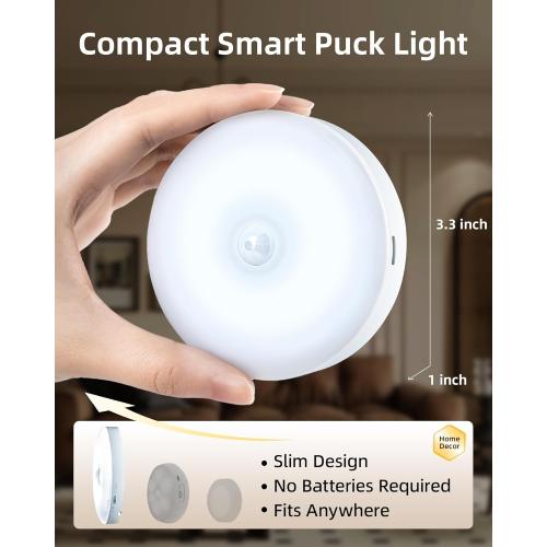 6 Pack White EZVALO 6-Pack Under Cabinet Lighting, Rechargeable Motion Sensor Puck Lights with Remote, 3 Color Temps &12 RGB Colors, Magnetic Stick on Light, Dimmable Under Counter Lights for Kitchen, Shelf, Stair