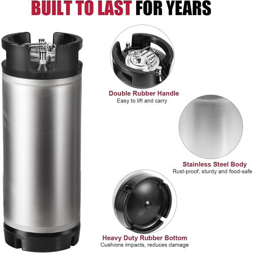 New 5 Gallon Keg Corny Keg, Stainless Steel Cornelius Keg with Ball Lock Keg Fittings, 5 Gallon Beer Keg with Dual Rubber Handle, Ball Lock Keg for Home Brewing
