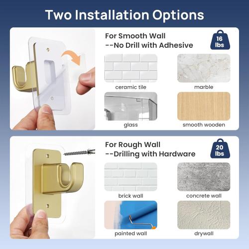 ENJOYBASICS No Drill Curtain Rods for Window 28 to 47 Inches, 5/8 Inch Diameter Renter Friendly Drapery Rod with Adhesive Brackets without Drilling, Adjustable from 27 to 52 Inches, Gold