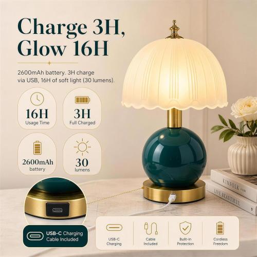 Vintage Ceramic Table Lamp, 12 Cordless Rechargeable Bedside Lamp with Stepless Touch Dimming, Emerald Green Modern Desk Light for Living Room, Bedroom, and Office Decor