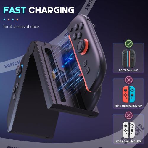 innoAura Switch 2 Charging Dock J-Con, 4 in 1 Fast Charger Station with LED Indicator, Foldable & Magnetic, Travel-Friendly, Switch 2 J-Con Accessories with 3FT USB C Cable