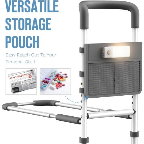 Agrish Bed Rails for Elderly Adults Safety - with Motion Light & Storage Pouch, Bedside Assist Bar with Support Legs for Seniors & Surgery Patients - Medical Bed Rail