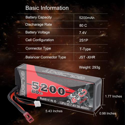GOLDBAT 5200mAh 80C 2S 7.4V RC LiPo Battery Hard Case with T Plug for RC Evader BX Car RC Truck RC Truggy Racing (2 Packs)