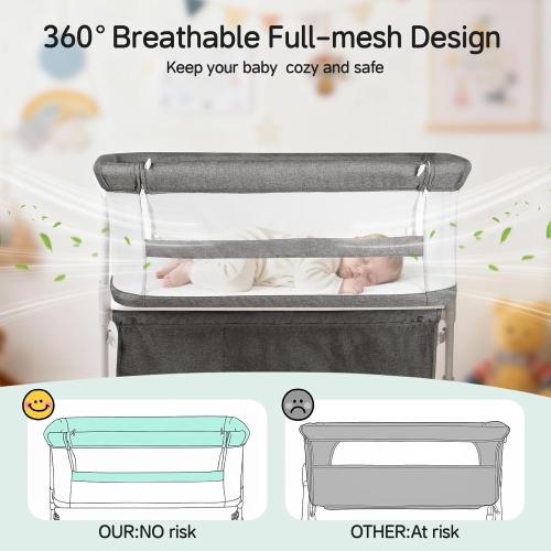 Cowiewie Bassinet Bedside Sleeper,Baby Bassinet Slides Over Bed,5-Height Adjustment & Breathable All-Mesh Wall Bedside Bassinet for Baby,Space-Saving Bedside Crib, Height(37.4-41.3), Dark Grey