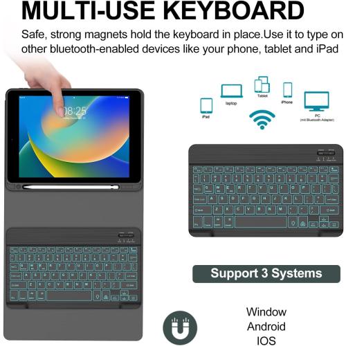 BORIYUAN iPad 10.2 inch Case with Keyboard, Detachable Bluetooth Keyboard with 7 Color Backlit, Slim Folio Smart Cover with Pencil Holder for iPad 9th/8th/7th Gen/iPad Pro 10.5/iPad Air 3rd Gen Black