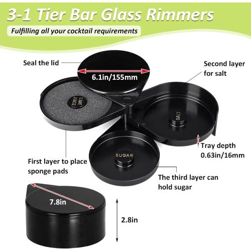 1 Pack 3 Tier Bar Glass Rimmer for Cocktail and Margarita Salt Rimmer Set with Sponge,Bar Accessories for The Home bar Set Plastic Bartender Tool for Margarita Salt,Black