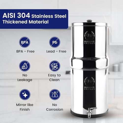 2.25 G | Gravity Water Filter | NSF Certified | AISI 304 Stainless Steel Countertop Water Filter | 2 Carbon Filters | Steel Spigot | Manual Install | No Electricity or Plumbing Required | Portable