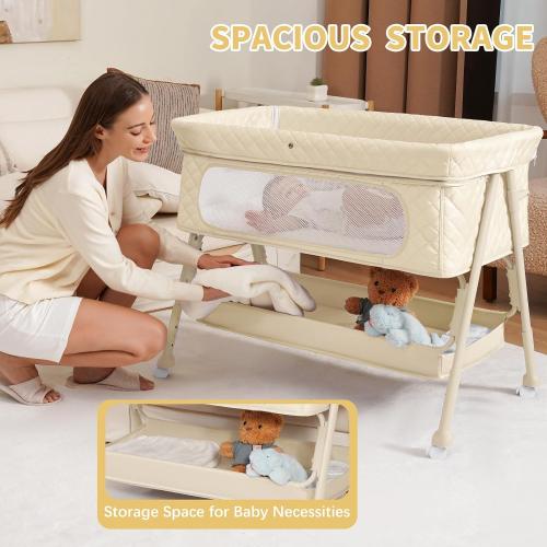 Baby Crib, Baby Bassinets Bedside Sleeper with Breathable Mesh & Mattress, Easy Move Crib for Newborns with Lockable Wheels, 4-Adjustable Height Bedside Bassinet (Beige)