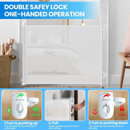 Retractable Safety Baby Gate or Mesh Dog Gate,Durable Portable Mesh Retractable Gate,Easy to Use for Stairs, Doorways, Hallways, Indoor, Outdoor, 33.5 Tall, Extends to 55 Wide,White