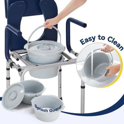 Drop Arm Bedside Commodes for Seniors, Potty Chair for Adults | Portable Commode Toilet with Padded Seat and Backrest, 400lbs Capacity, Height Adjustable, 6.3QT Bucket & Splash Guard, Blue