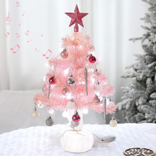 Mini Pink Christmas Tree, Small Christmas Tree with Music Tabletop Artificial Prelit Xmas Tree Christmas Decorations Indoor Outdoor for Home Decor Party Gifts