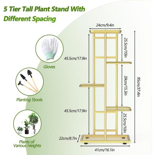 5 Tier 6 Potted Gold Plant Stand Indoor Outdoor with Gardening Tools and Gloves, Upgraded Corner Metal Plant Rack Units Shelf for Multiple Plants, Flower Pot Holder Display for Patio, Balcony, Living