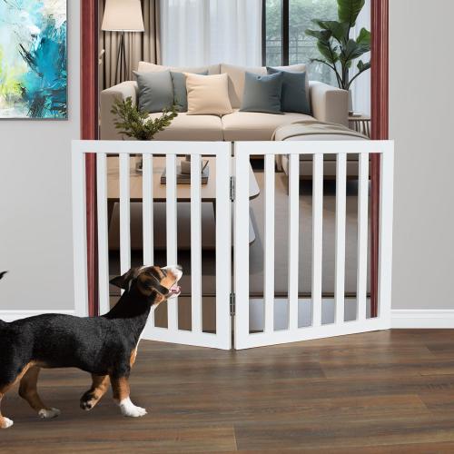 ZJSF Freestanding Indoor Dog Gate - Foldable Wood White Puppy Gate for Doorways & Stairs - 24 Height, 2 Panels