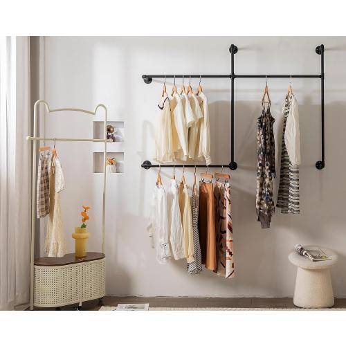 Industrial Pipe Clothing Rack Heavy Duty Wall Mounted Clothes Rack,Pipe Garment Rack Rail,Indoor Detachable Multi-Purpose Clothing Hanging Rod/Garment Bar, Black (3 hanging rods wall garment rack)