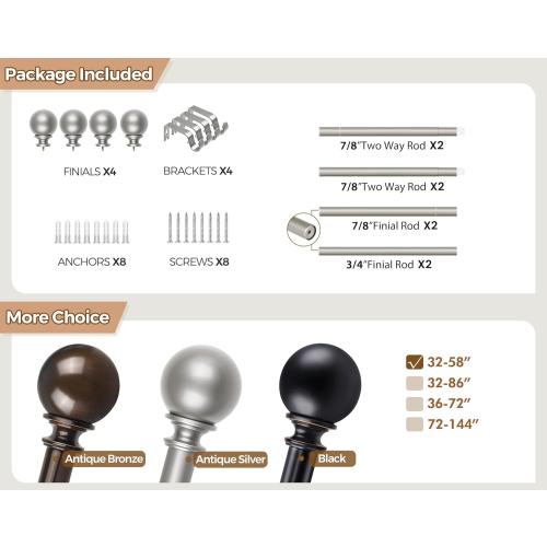 KAMANINA 2 Pack Curtain Rods 32 to 58 Inch (2.6-4.8ft), 7/8 Inch Single Heavy Duty Curtain Rods for Windows Adjustable Decorative Drapery Rod with Round Finials, Antique Silver
