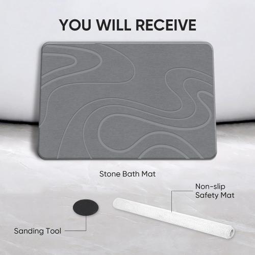 24 * 16 Grey Stone Bath Mat Diatomite Stone Mats for Bathroom Non-Slip Diatomaceous Earth Shower Mat Super Absorbent Bathroom Floor Mat Natural Easy to Clean(24 * 16 Grey)