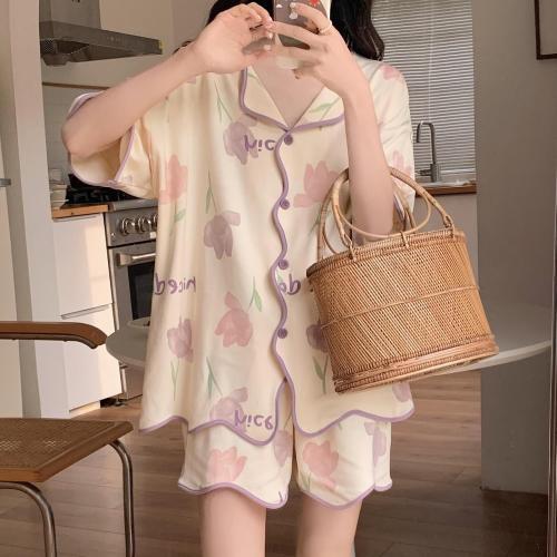 Size XL Cute Button Up Pajamas Women Summer Kawaii Pajama Set Short Sleeves Short Pants Cardigan With Pocket Pjs Sleepwear